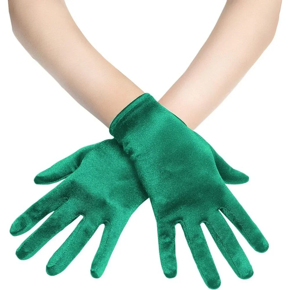 Women's Dark Green Satin Silk Gloves Banquet Wedding Party Costume Accessories